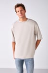 JOEL Erkek %100 Organik Pamuklu Kalın Kumaşlı Özel Dokulu Etiket Detaylı Oversize Taş Rengi T-Shirt