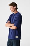JOEL Erkek %100 Organik Pamuklu Kalın Kumaşlı Özel Dokulu Etiket Detaylı Oversize Lacivert T-Shirt