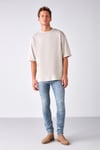 JOEL Erkek %100 Organik Pamuklu Kalın Kumaşlı Özel Dokulu Etiket Detaylı Oversize Taş Rengi T-Shirt