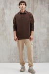 JOHN Erkek Polo Sweat Gömlek Yakalı Organik Pamuklu Yırtmaçlı İçi Polarsız Koyu Kahverengi Sweatshirt