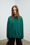 KARIUS Kadın Organik Pamuklu İçi Polarlı Oversize Yuvarlak Yakalı Koyu Yeşil Sweatshirt