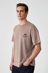 KHARY Erkek Nakış Detaylı %100 Organik Pamuk Oversize Bisiklet Yaka Vizon T-Shirt