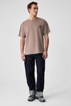 KHARY Erkek Nakış Detaylı %100 Organik Pamuk Oversize Bisiklet Yaka Vizon T-Shirt