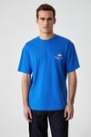 KHARY Erkek Nakış Detaylı %100 Organik Pamuk Oversize Bisiklet Yaka Saks Mavi T-Shirt