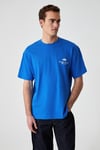 KHARY Erkek Nakış Detaylı %100 Organik Pamuk Oversize Bisiklet Yaka Saks Mavi T-Shirt