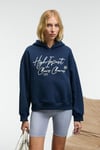 KIKRES Kadın Kapüşonlu Nakış Detaylı Oversize Lacivert Sweatshirt
