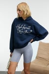 KIKRES Kadın Kapüşonlu Nakış Detaylı Oversize Lacivert Sweatshirt