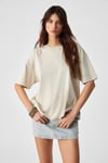 LAGERTHA Kadın %100 Organik Pamuklu Kalın Dokulu Oversize Fit Yuvarlak Yakalı Taş Rengi T-Shirt