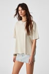 LAGERTHA Kadın %100 Organik Pamuklu Kalın Dokulu Oversize Fit Yuvarlak Yakalı Taş Rengi T-Shirt