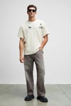LANDI Erkek Önü Nakışlı Ve Baskılı Sırtı Baskılı %100 Organik Pamuk Bisiklet Yaka Oversize Fit Krem T-Shirt