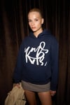 LIORAEN Kadın Baskılı Relaxed Kanguru Cepli Kapüşonlu Lacivert Sweatshirt