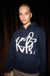 LIORAEN Kadın Baskılı Relaxed Kanguru Cepli Kapüşonlu Lacivert Sweatshirt