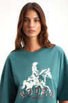 MAJER Kadın %100 Organik Pamuklu Western Tema Baskılı Regular Fit Yeşil T-Shirt