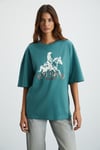 MAJER Kadın %100 Organik Pamuklu Western Tema Baskılı Regular Fit Yeşil T-Shirt