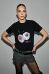 MELUNAE Kadın Organik Pamuklu Bisiklet Yaka Kısa Kollu Baskı Detaylı Siyah T-Shirt