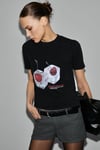 MELUNAE Kadın Organik Pamuklu Bisiklet Yaka Kısa Kollu Baskı Detaylı Siyah T-Shirt