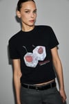 MELUNAE Kadın Organik Pamuklu Bisiklet Yaka Kısa Kollu Baskı Detaylı Siyah T-Shirt
