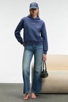 MELUREA Kadın Nakışlı Kapüşonlu Comfort Fit Koyu Mavi Sweatshirt