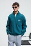 MERRICK Erkek Sırt Baskılı Cebi Nakışlı Yarım Fermuarlı Kolu Lastikli Dik Yaka Regular Fit Yeşil Sweatshirt