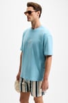 OURFLOW Erkek Nakış Detaylı %100 Organik Pamuk Bisiklet Yaka Kısa Kollu Oversize Açık Mavi T-Shirt
