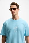 OURFLOW Erkek Nakış Detaylı %100 Organik Pamuk Bisiklet Yaka Kısa Kollu Oversize Açık Mavi T-Shirt