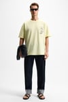 OURFLOW Erkek Nakış Detaylı %100 Organik Pamuk Bisiklet Yaka Kısa Kollu Oversize Sarı T-Shirt