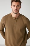 PATRICK Erkek Triko Waffle Özel Dokulu Kalın Premium Kumaşlı Düğme Detaylı Haki T-Shirt