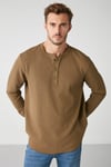 PATRICK Erkek Triko Waffle Özel Dokulu Kalın Premium Kumaşlı Düğme Detaylı Haki T-Shirt