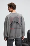 PERCY Erkek Yuvarlak Yaka Göğsü Nakışlı Sırtı Baskılı Oversize Koyu Gri Sweatshirt