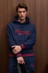 PHANTOSEAS Erkek Kapüşonlu Önü Nakışlı Etek Ve Kol Triko Detaylı Lacivert Sweatshirt