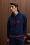 PHANTOSEAS Erkek Kapüşonlu Önü Nakışlı Etek Ve Kol Triko Detaylı Lacivert Sweatshirt