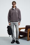 PLATA Erkek Yarım Fermuarlı Kanguru Cepli Etek Ve Kolda Triko Detay Relaxed Fit Füme Sweatshirt