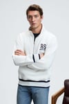 PLATA Erkek Yarım Fermuarlı Kanguru Cepli Etek Ve Kolda Triko Detay Relaxed Fit Ekru Sweatshirt