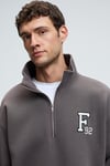 PLATA Erkek Yarım Fermuarlı Kanguru Cepli Etek Ve Kolda Triko Detay Relaxed Fit Füme Sweatshirt