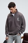 PLATA Erkek Yarım Fermuarlı Kanguru Cepli Etek Ve Kolda Triko Detay Relaxed Fit Füme Sweatshirt