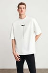 PROJECT Erkek Baskı Detaylı Oversize Fit %100 Organik Pamuk Örme Bisiklet Yaka Örme Beyaz T-Shirt