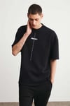 PROJECT Erkek Baskı Detaylı Oversize Fit %100 Organik Pamuk Örme Bisiklet Yaka Örme Siyah T-Shirt