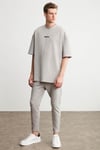PROJECT Erkek Baskı Detaylı Oversize Fit %100 Organik Pamuk Örme Bisiklet Yaka Örme Gri T-Shirt