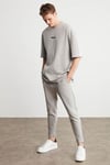 PROJECT Erkek Baskı Detaylı Oversize Fit %100 Organik Pamuk Örme Bisiklet Yaka Örme Gri T-Shirt