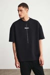 PROJECT Erkek Baskı Detaylı Oversize Fit %100 Organik Pamuk Örme Bisiklet Yaka Örme Siyah T-Shirt