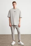 PROJECT Erkek Baskı Detaylı Oversize Fit %100 Organik Pamuk Örme Bisiklet Yaka Örme Gri T-Shirt