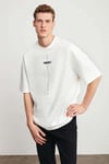 PROJECT Erkek Baskı Detaylı Oversize Fit %100 Organik Pamuk Örme Bisiklet Yaka Örme Beyaz T-Shirt