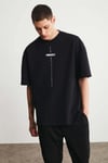 PROJECT Erkek Baskı Detaylı Oversize Fit %100 Organik Pamuk Örme Bisiklet Yaka Örme Siyah T-Shirt