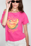 QALY Kadın Kayık Yaka Tek Omuz Kısa Kol Ön Ve Arka Baskı Detaylı Relaxed Pembe T-Shirt