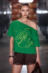 QALY Kadın Kayık Yaka Tek Omuz Kısa Kol Ön Ve Arka Baskı Detaylı Relaxed Yeşil T-Shirt