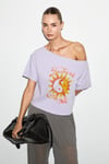 QALY Kadın Kayık Yaka Tek Omuz Kısa Kol Ön Ve Arka Baskı Detaylı Relaxed Lila T-Shirt