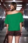 QALY Kadın Kayık Yaka Tek Omuz Kısa Kol Ön Ve Arka Baskı Detaylı Relaxed Yeşil T-Shirt