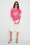 QALY Kadın Kayık Yaka Tek Omuz Kısa Kol Ön Ve Arka Baskı Detaylı Relaxed Pembe T-Shirt