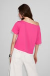 QALY Kadın Kayık Yaka Tek Omuz Kısa Kol Ön Ve Arka Baskı Detaylı Relaxed Pembe T-Shirt