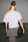 QALY Kadın Kayık Yaka Tek Omuz Kısa Kol Ön Ve Arka Baskı Detaylı Relaxed Lila T-Shirt